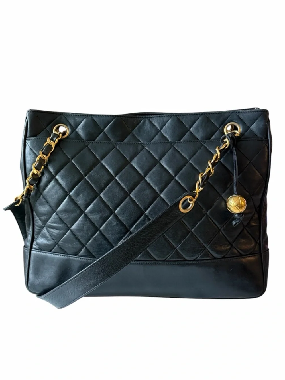 Chanel Vintage Quilted Lambskin Slit Pocket Shoulder Tote Black Gold Chain Charm